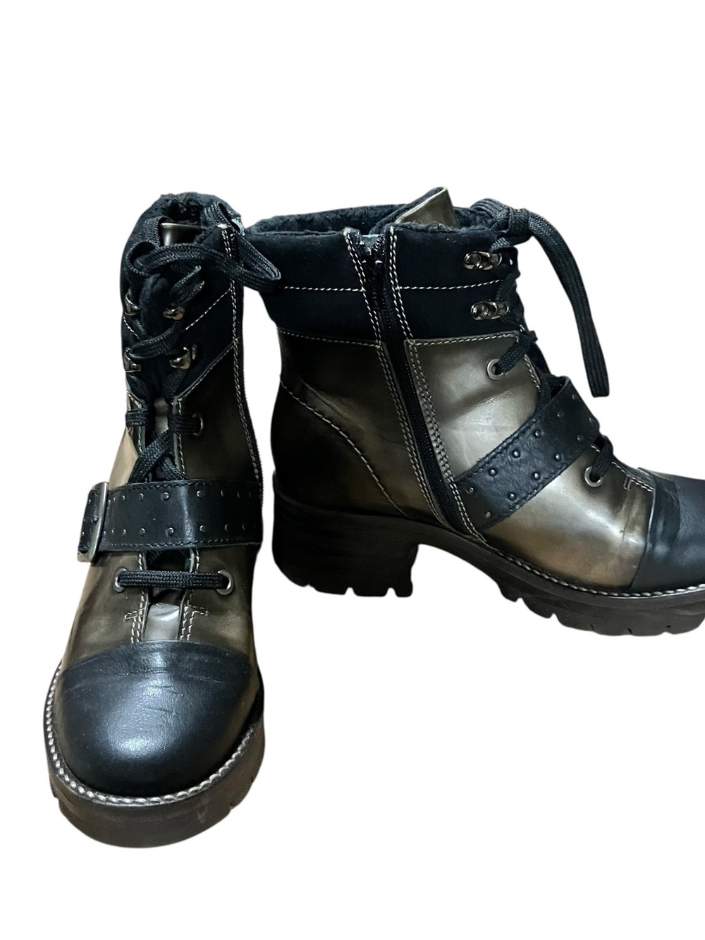 Dromedaris Leather Ankle Boots EU 38 Black Fur Lined Buckle Lug Chunky Sole - Picture 6 of 16